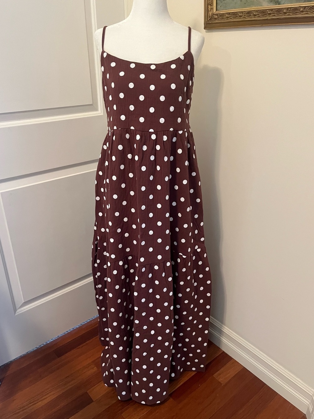 Brown Polka Dot, Backless  Maxi Dress with Spaghetti Straps